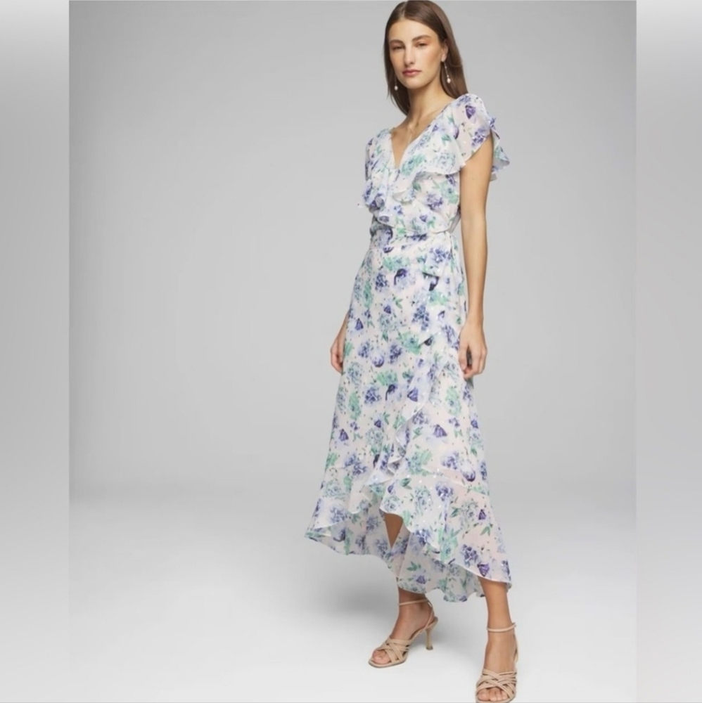 WHBM Floral Metallic Ruffle Wrap Dress, 6